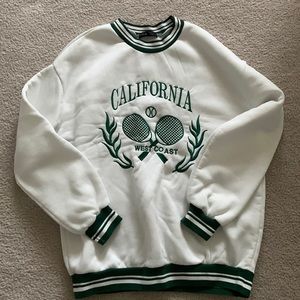 Oversized Tennis Racket and Letter Embroidery Green & White Striped Sweatshirt